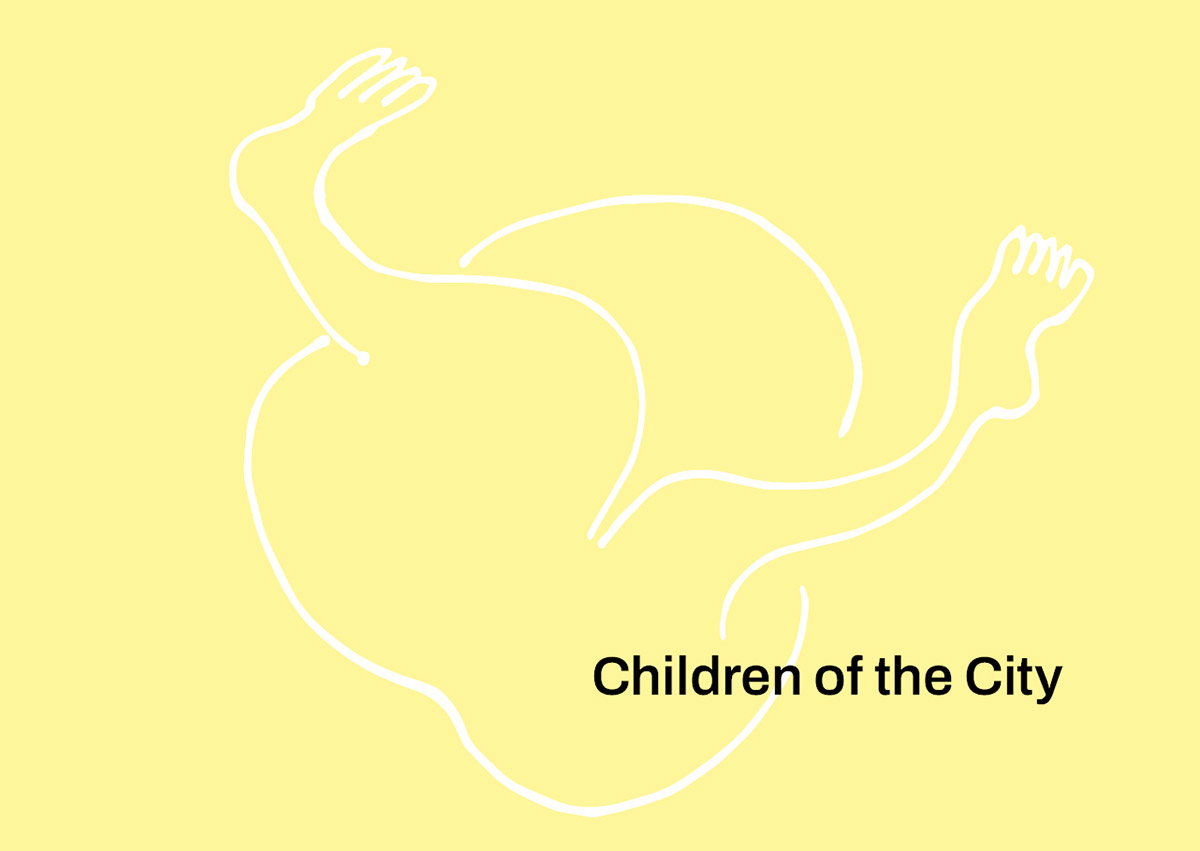 drawing of an organic shape with two feet with the words children of the city
