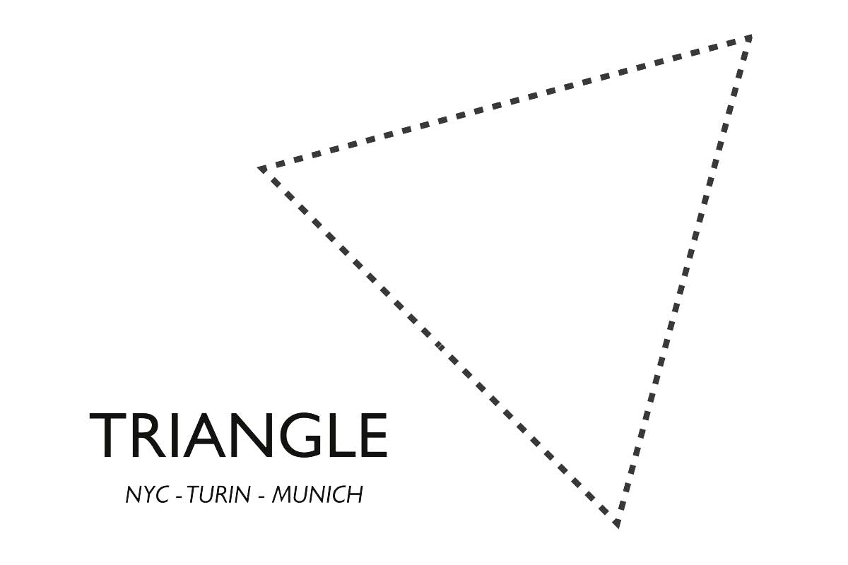a triangle in white with the words NYC, Turin, Munich