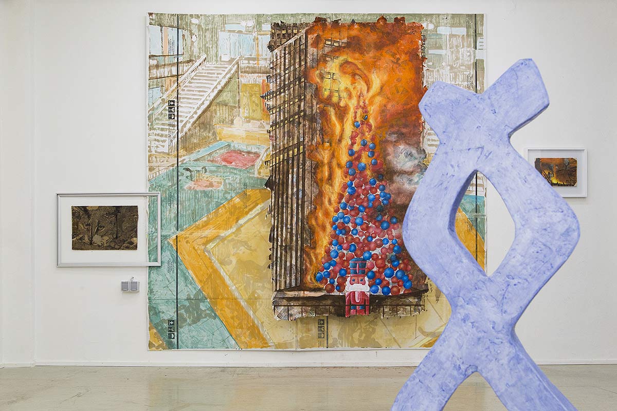 painting of a burning christmas tree, sculpture in foreground
